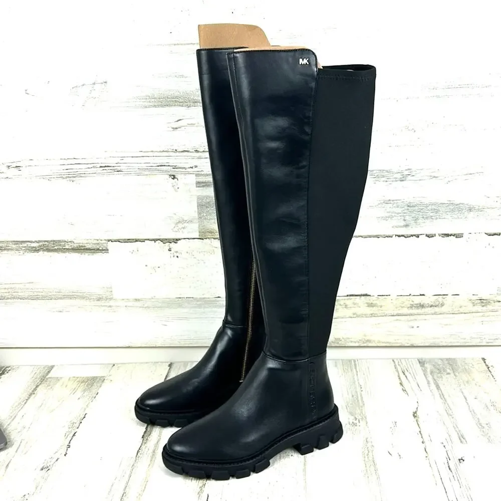 Michael Kors Womens 5 Black Ridley Leather Combat Knee High Boots NEW
